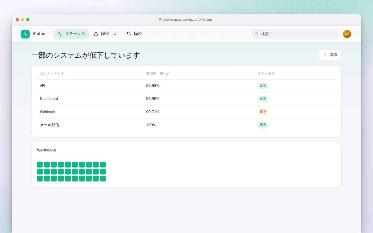 ステータスページ（Spring Boot）：一部のシステムが低下しています画面