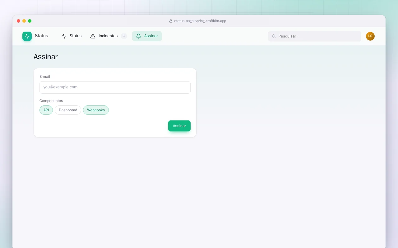 Página de status (Spring Boot): a tela Assinar
