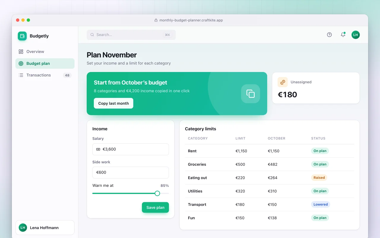 Monthly budget planner: the Plan November screen