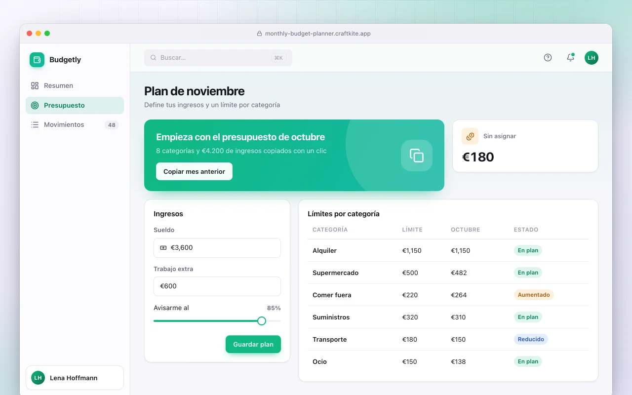 Planificador de presupuesto mensual: la pantalla Plan de noviembre