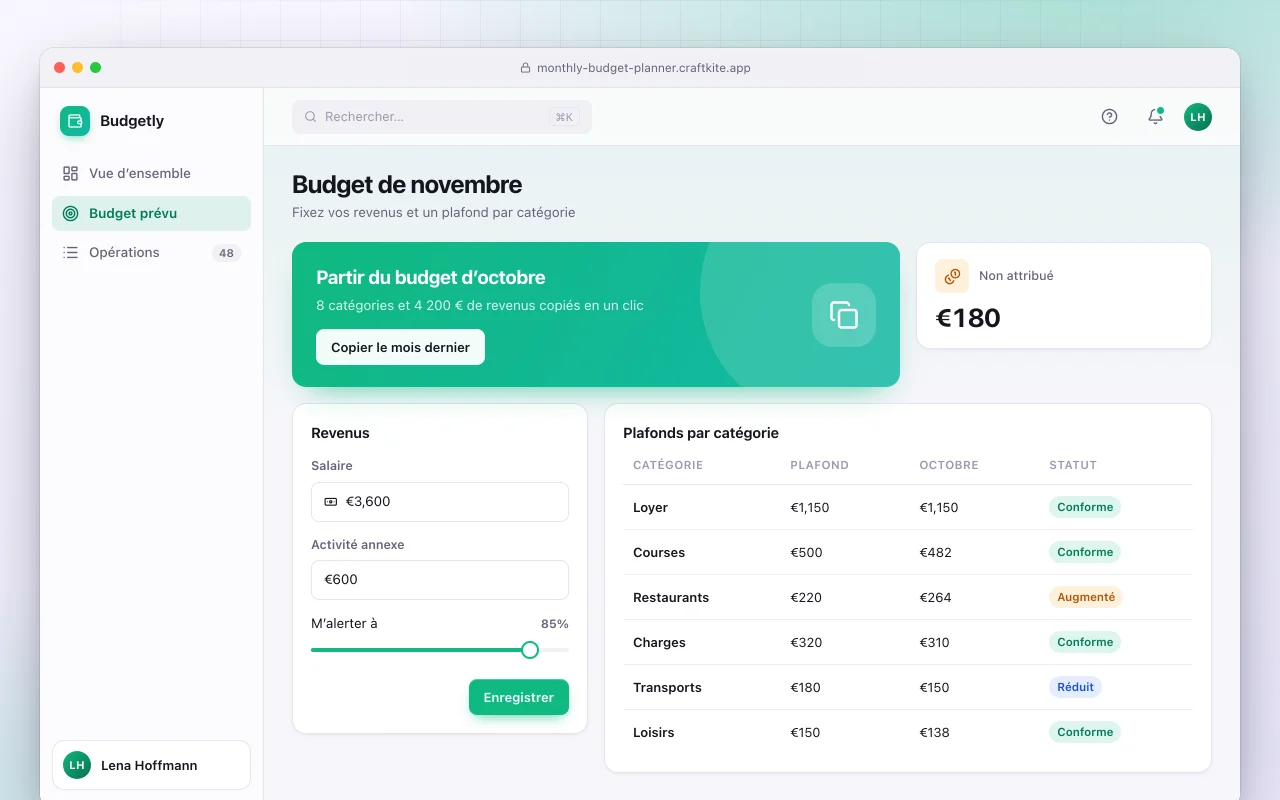 Planificateur de budget mensuel : l’écran Budget de novembre