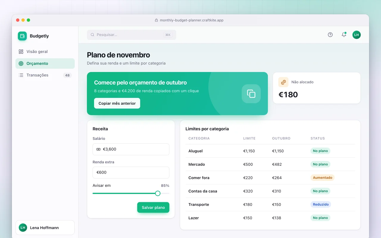 Planejador de orçamento mensal: a tela Plano de novembro