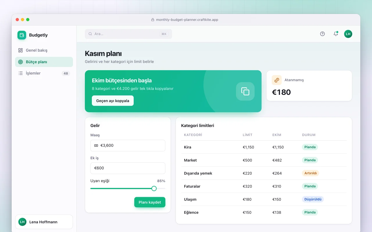 Aylık bütçe planlayıcı: Kasım planı ekranı