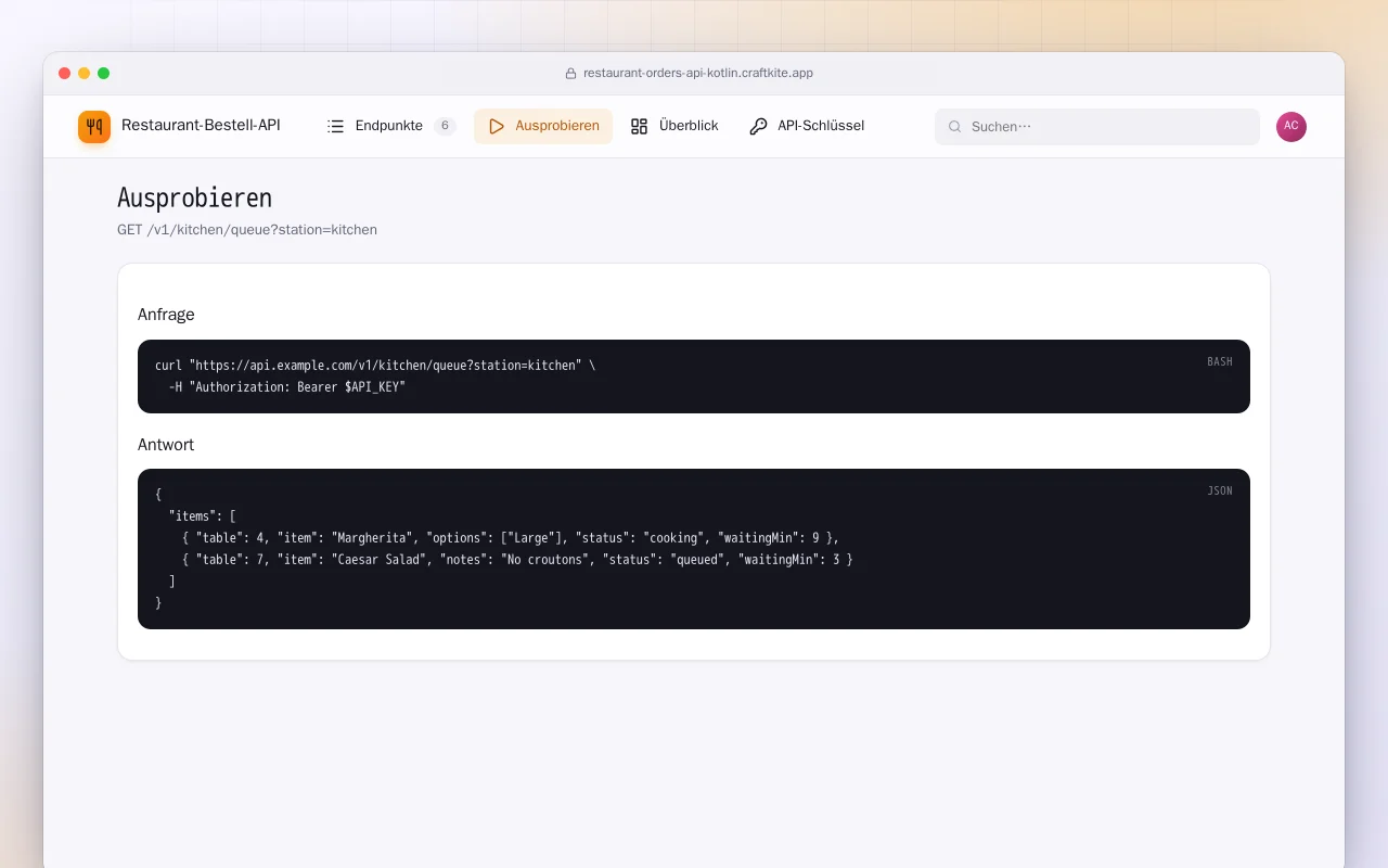 Restaurant-Bestell-API (Kotlin + Spring Boot): der Bildschirm „Ausprobieren“