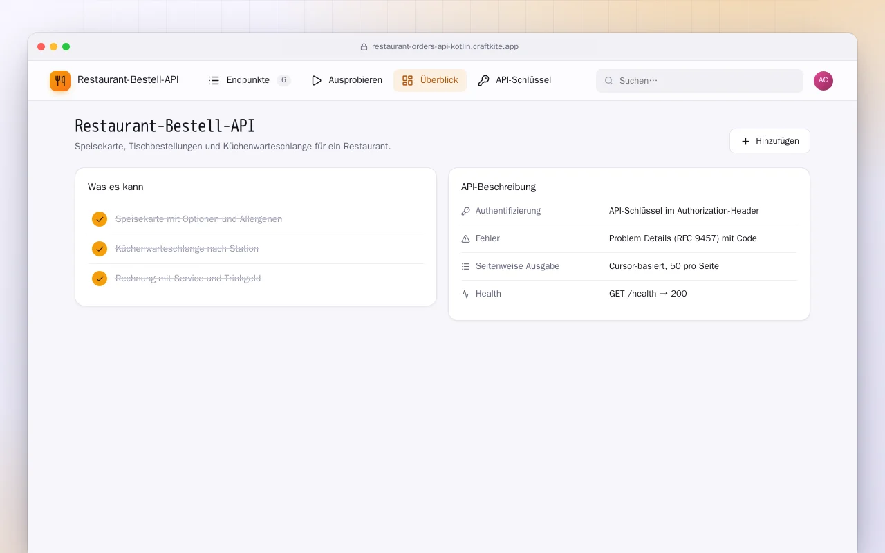 Restaurant-Bestell-API (Kotlin + Spring Boot): der Bildschirm „Restaurant-Bestell-API“