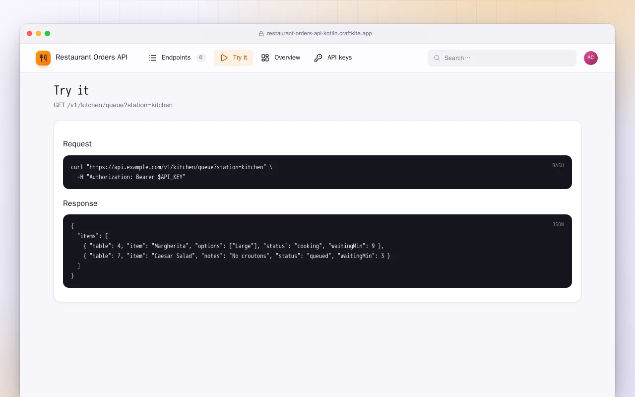 Restaurant Orders API (Kotlin + Spring Boot): the Try it screen