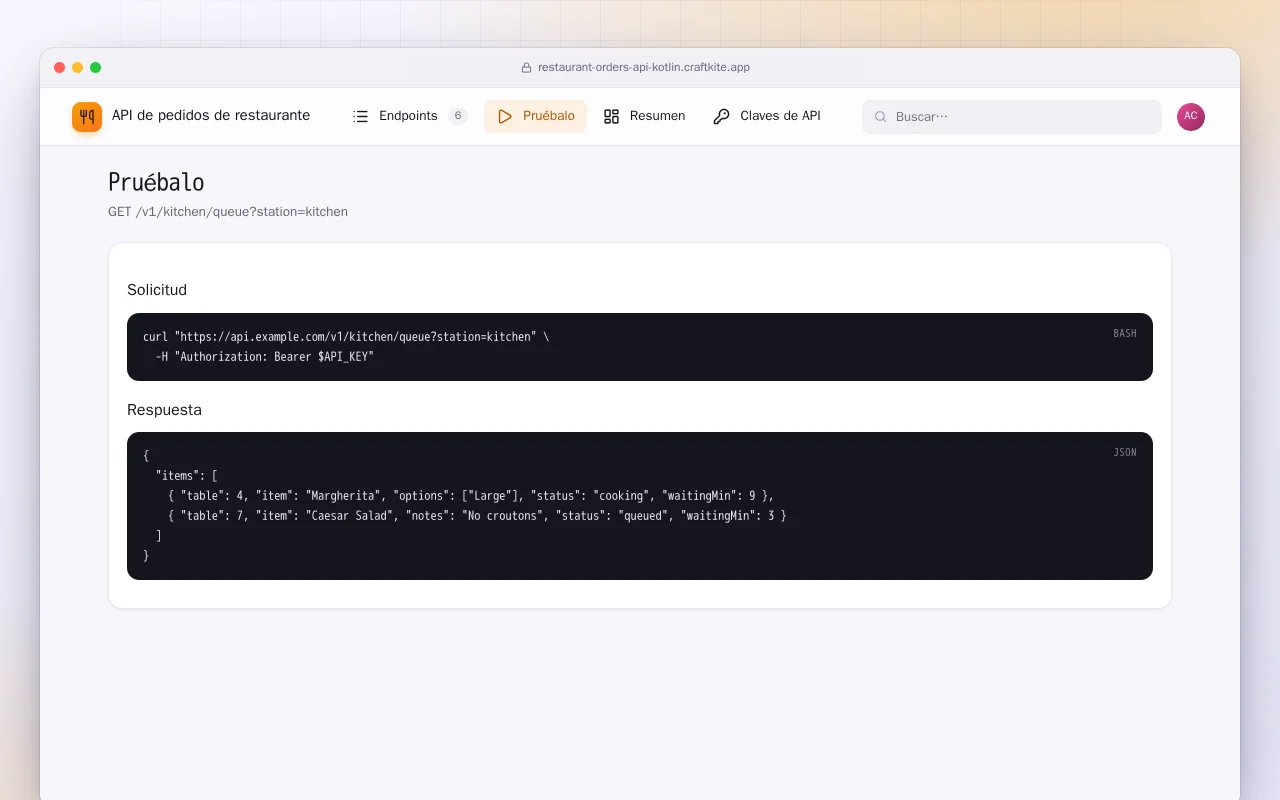 API de pedidos de restaurante (Kotlin + Spring Boot): la pantalla Pruébalo
