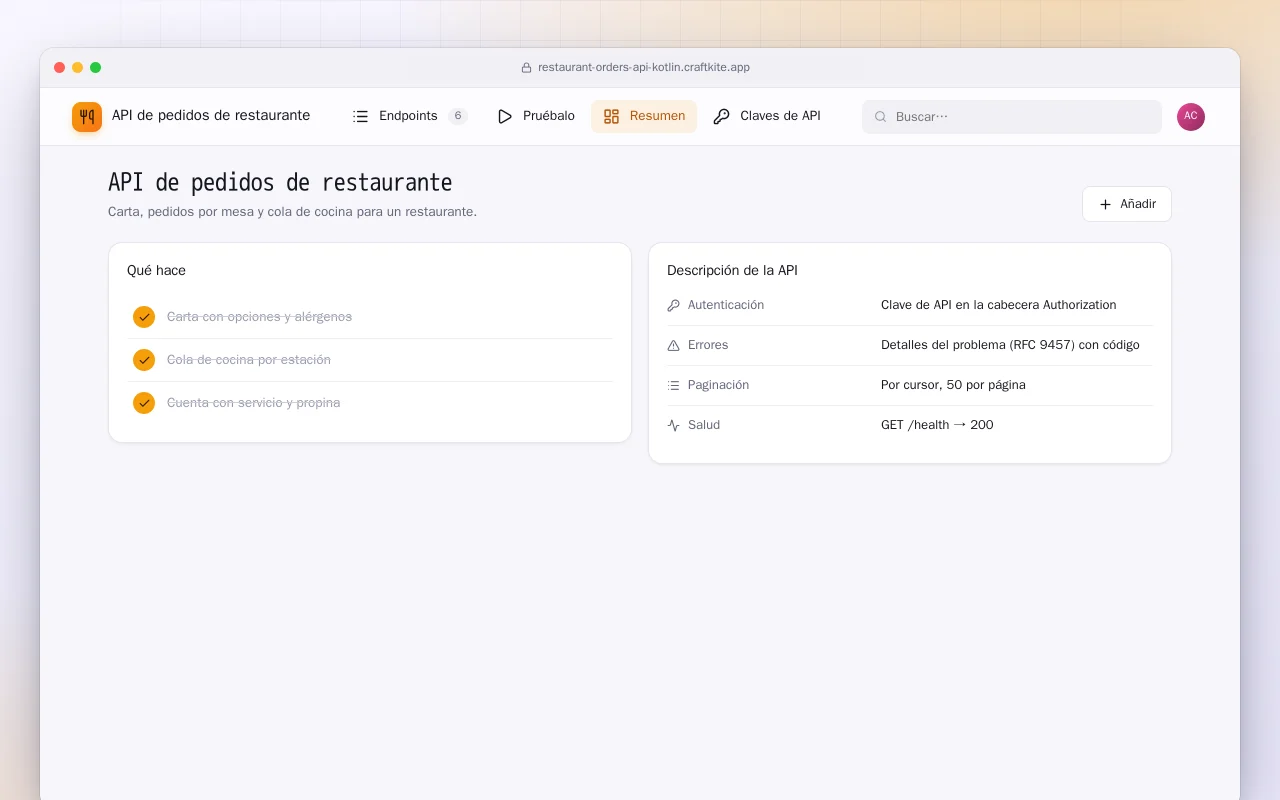 API de pedidos de restaurante (Kotlin + Spring Boot): la pantalla API de pedidos de restaurante