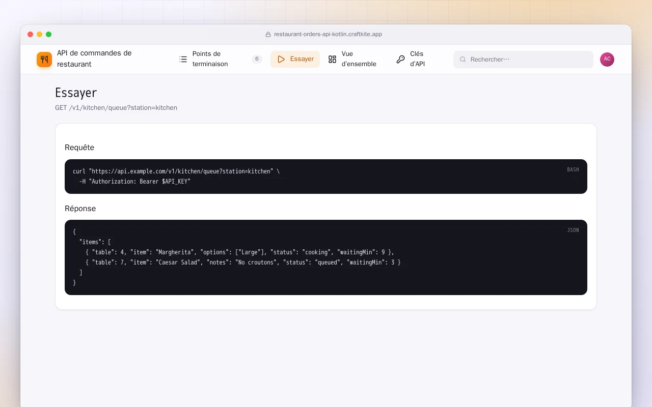 API de commandes de restaurant (Kotlin + Spring Boot) : l’écran Essayer