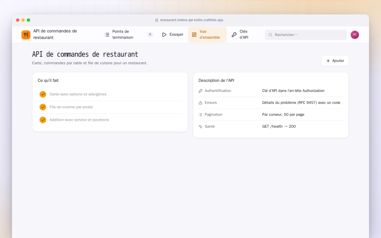 API de commandes de restaurant (Kotlin + Spring Boot) : l’écran API de commandes de restaurant