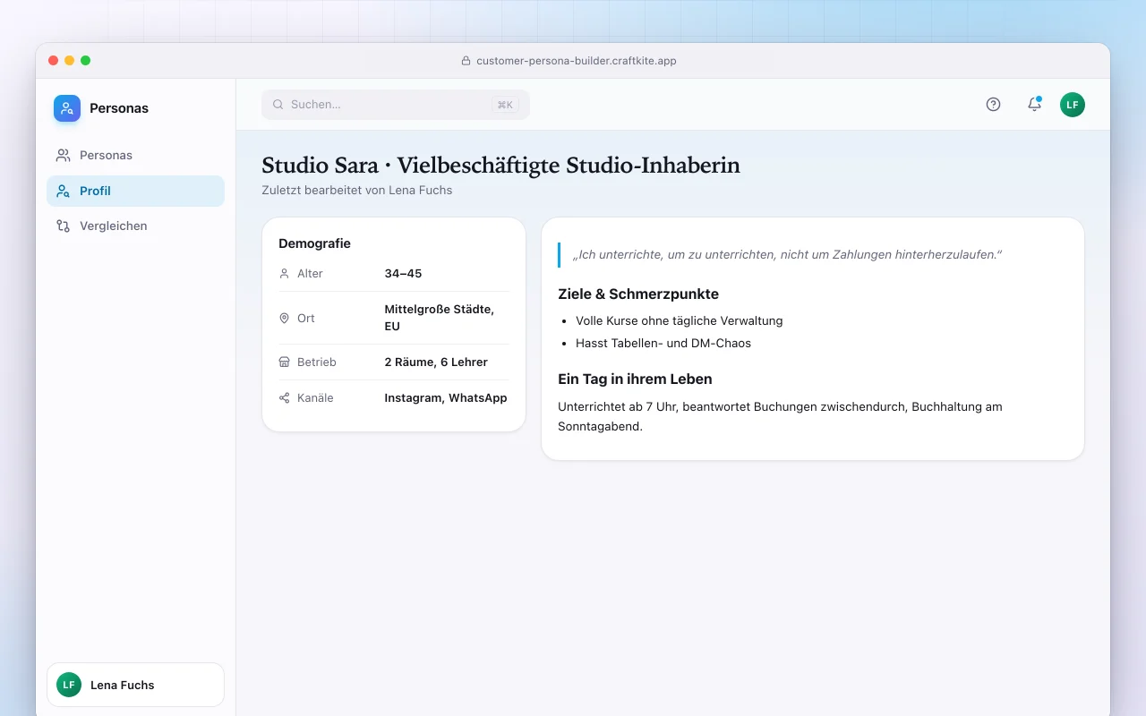 Kunden-Persona-Builder: der Bildschirm „Studio Sara · Vielbeschäftigte Studio-Inhaberin“