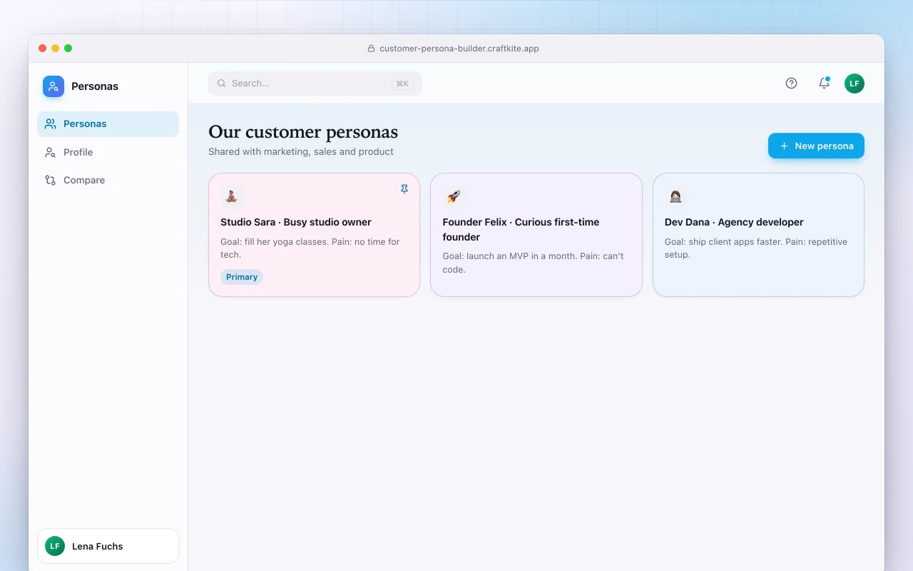 Customer persona builder: the Our customer personas screen