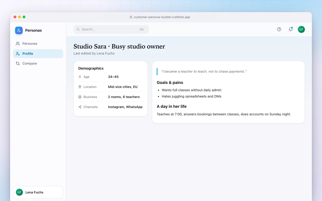 Customer persona builder: the Studio Sara · Busy studio owner screen