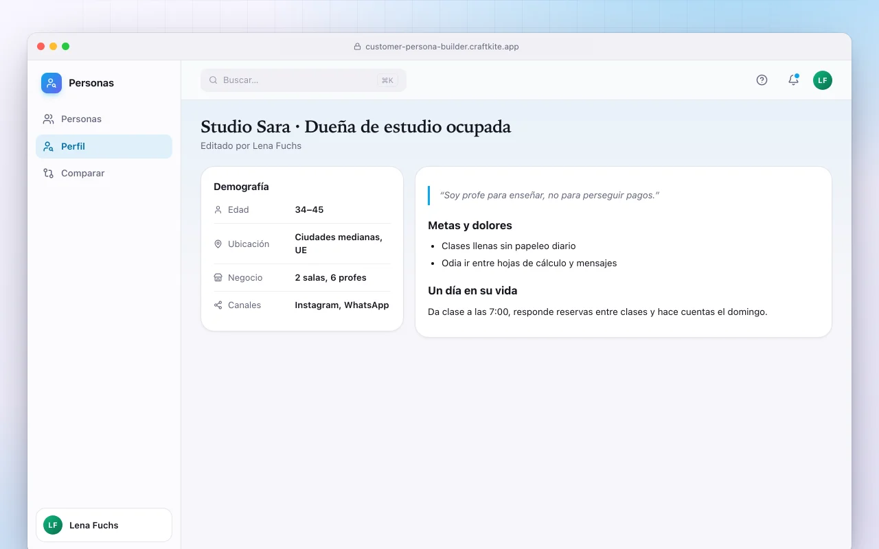Creador de buyer personas: la pantalla Studio Sara · Dueña de estudio ocupada