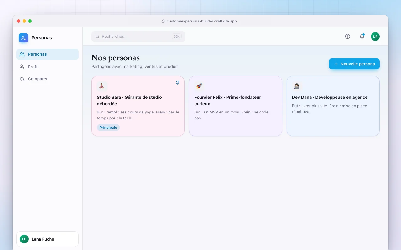 Créateur de personas clients : l’écran Nos personas