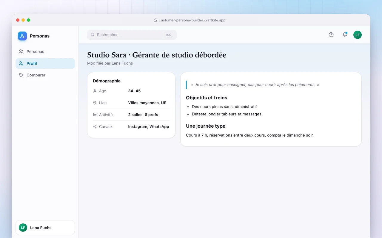 Créateur de personas clients : l’écran Studio Sara · Gérante de studio débordée