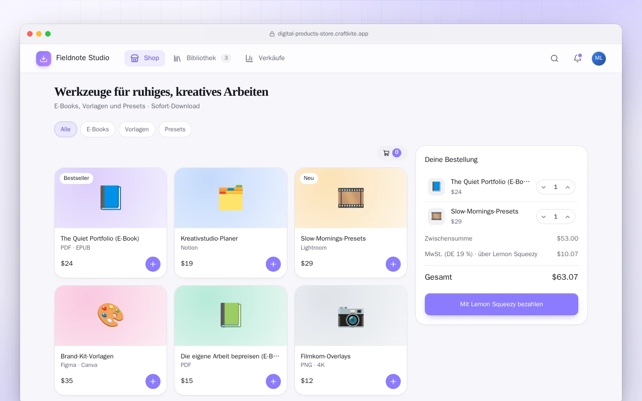 Shop für digitale Produkte: der Bildschirm „Werkzeuge für ruhiges, kreatives Arbeiten“