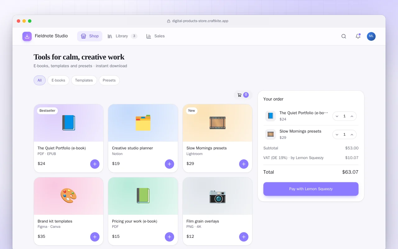 Digital products store: the Tools for calm, creative work screen