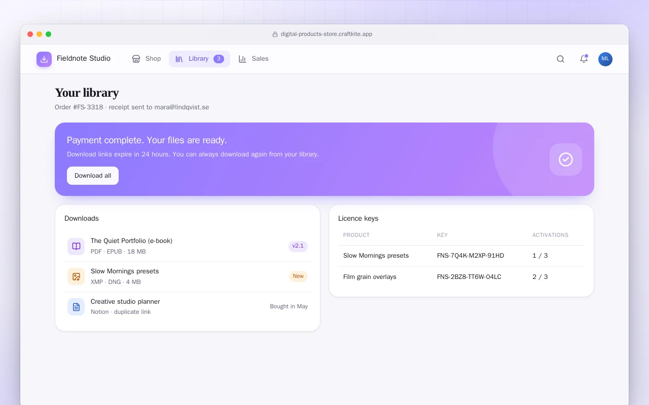 Digital products store: the Your library screen