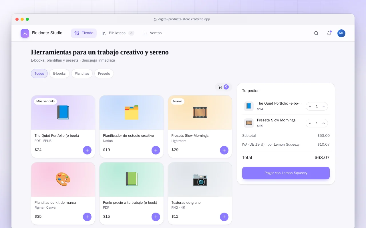 Tienda de productos digitales: la pantalla Herramientas para un trabajo creativo y sereno