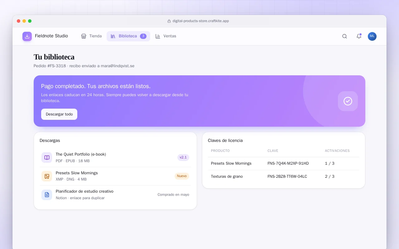 Tienda de productos digitales: la pantalla Tu biblioteca