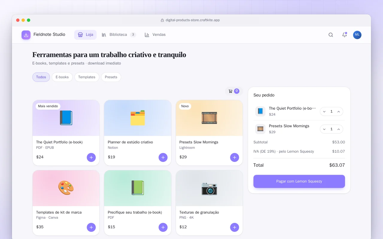 Loja de produtos digitais: a tela Ferramentas para um trabalho criativo e tranquilo