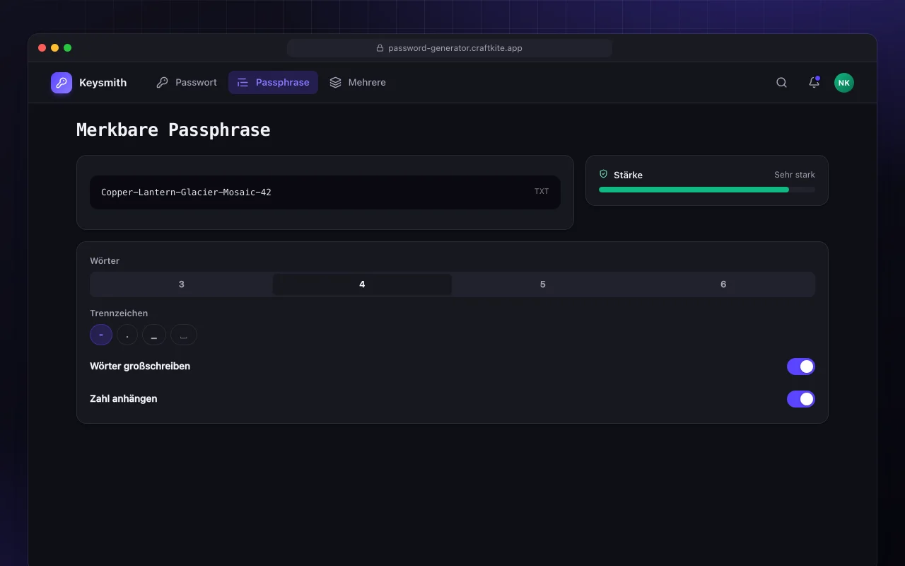 Passwortgenerator: der Bildschirm „Merkbare Passphrase“