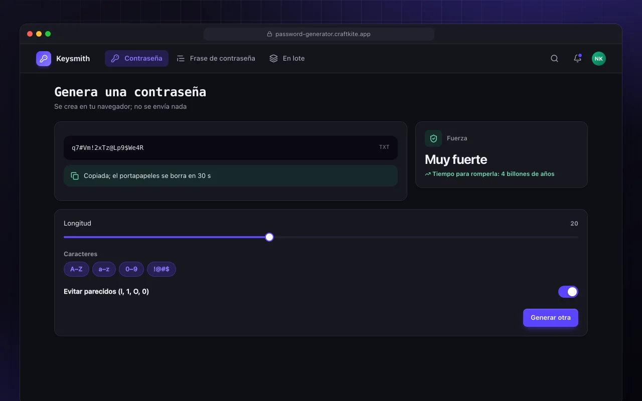 Generador de contraseñas: la pantalla Genera una contraseña