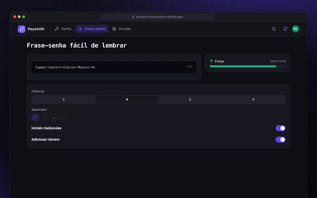 Gerador de senhas: a tela Frase-senha fácil de lembrar