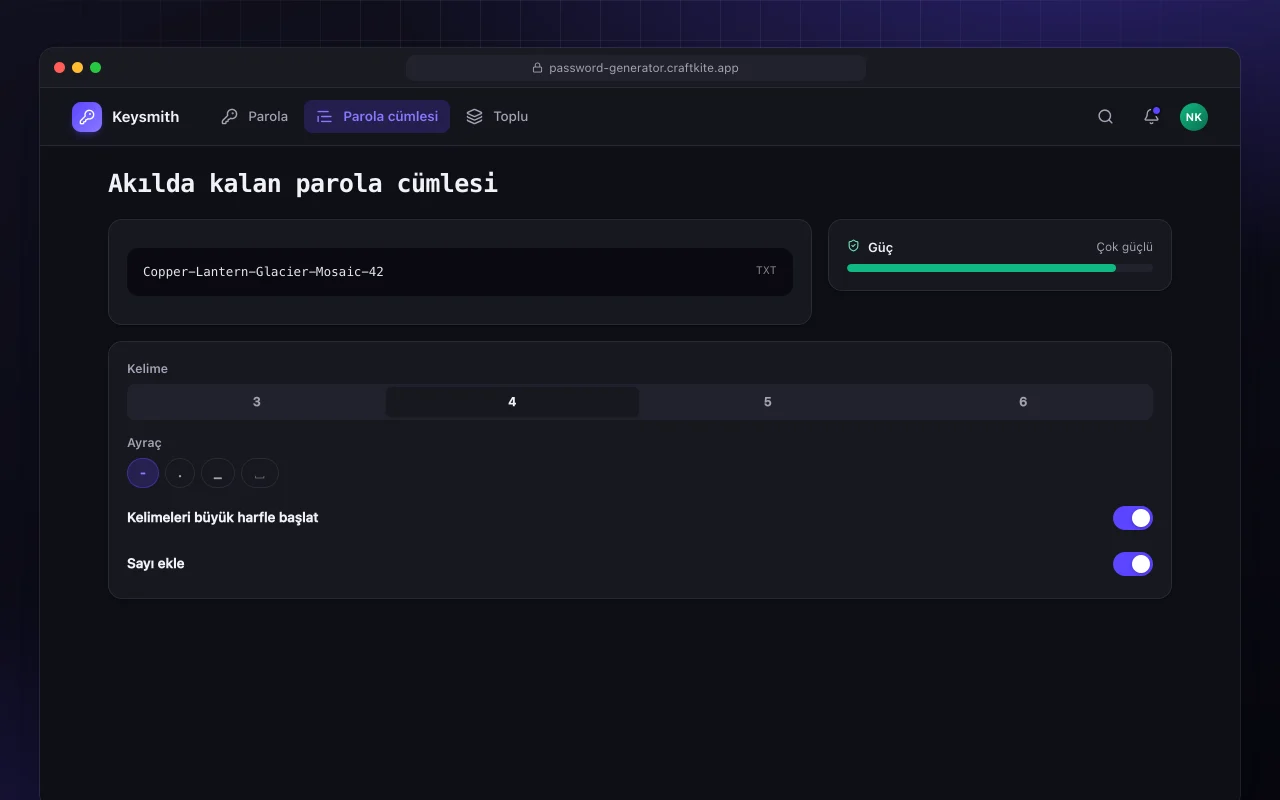 Parola üretici: Akılda kalan parola cümlesi ekranı