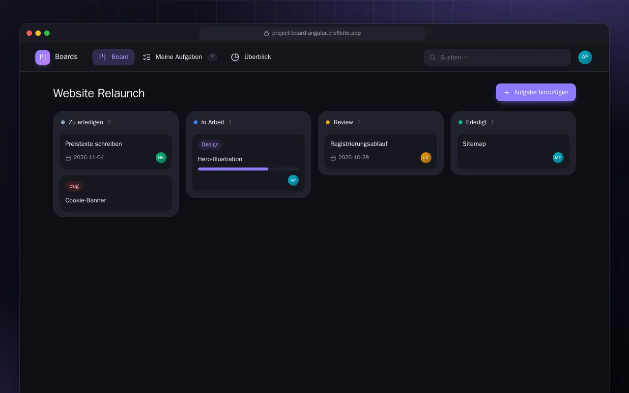 Projektboard (Angular): der Bildschirm „Website Relaunch“