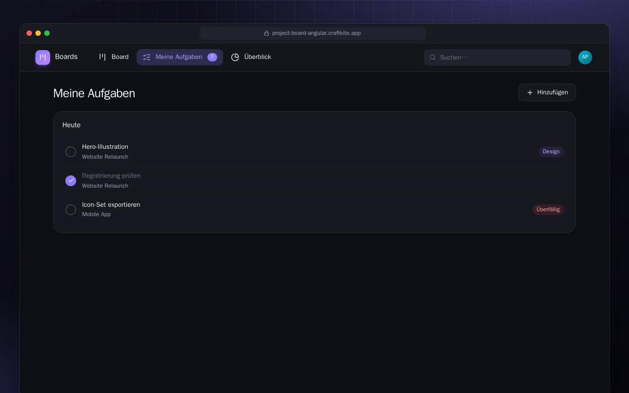Projektboard (Angular): der Bildschirm „Meine Aufgaben“