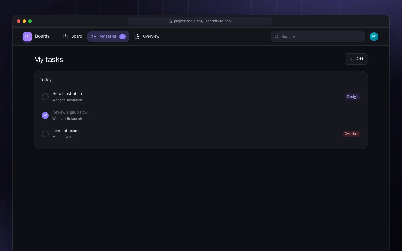 Project Board (Angular): the My tasks screen