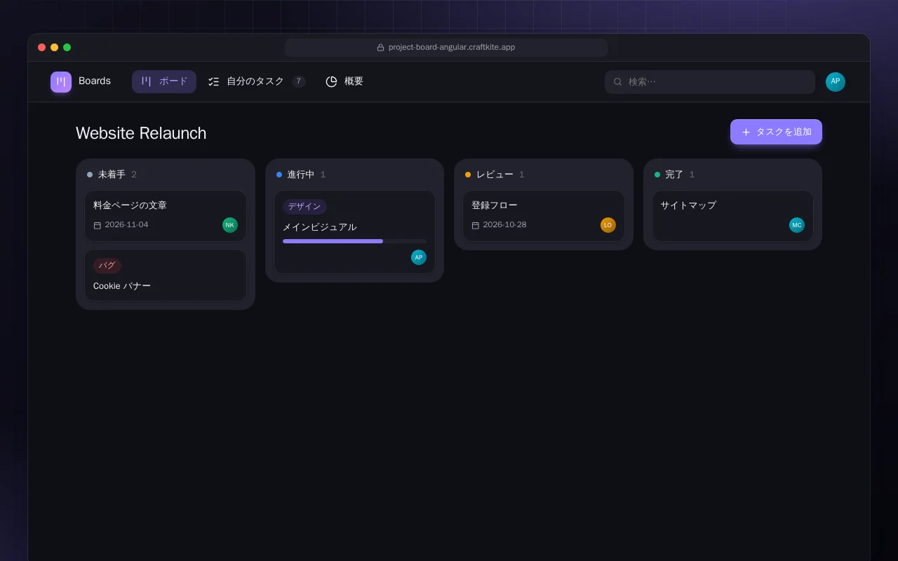 プロジェクトボード（Angular）：Website Relaunch画面
