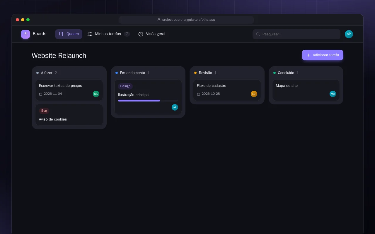 Quadro de projetos (Angular): a tela Website Relaunch