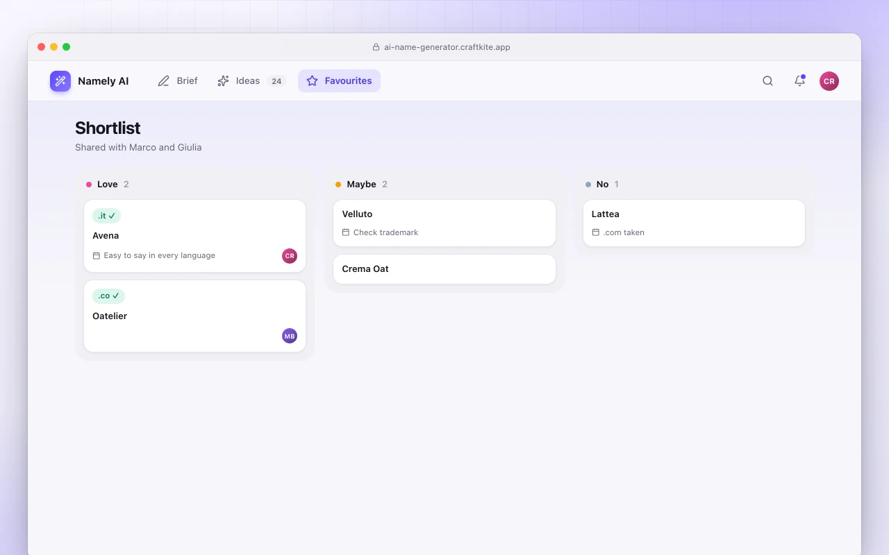 AI name generator: the Shortlist screen