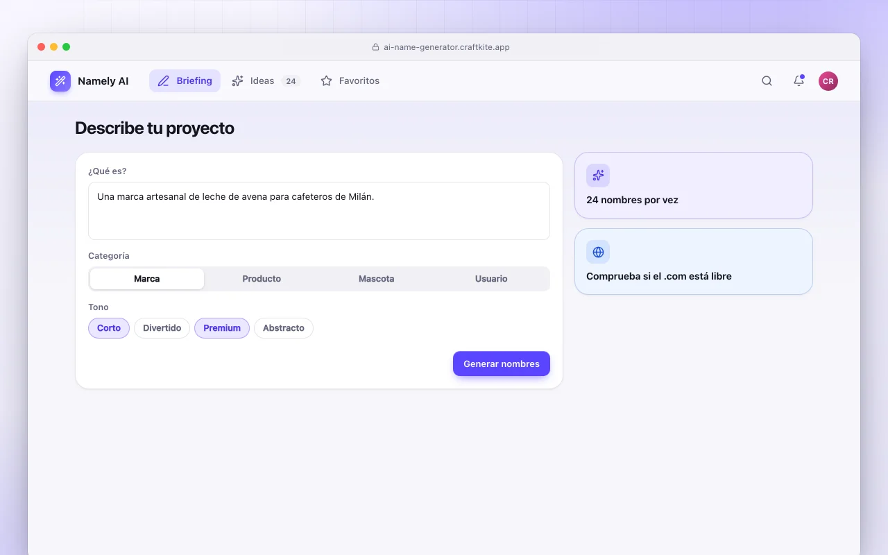 Generador de nombres con IA: la pantalla Describe tu proyecto
