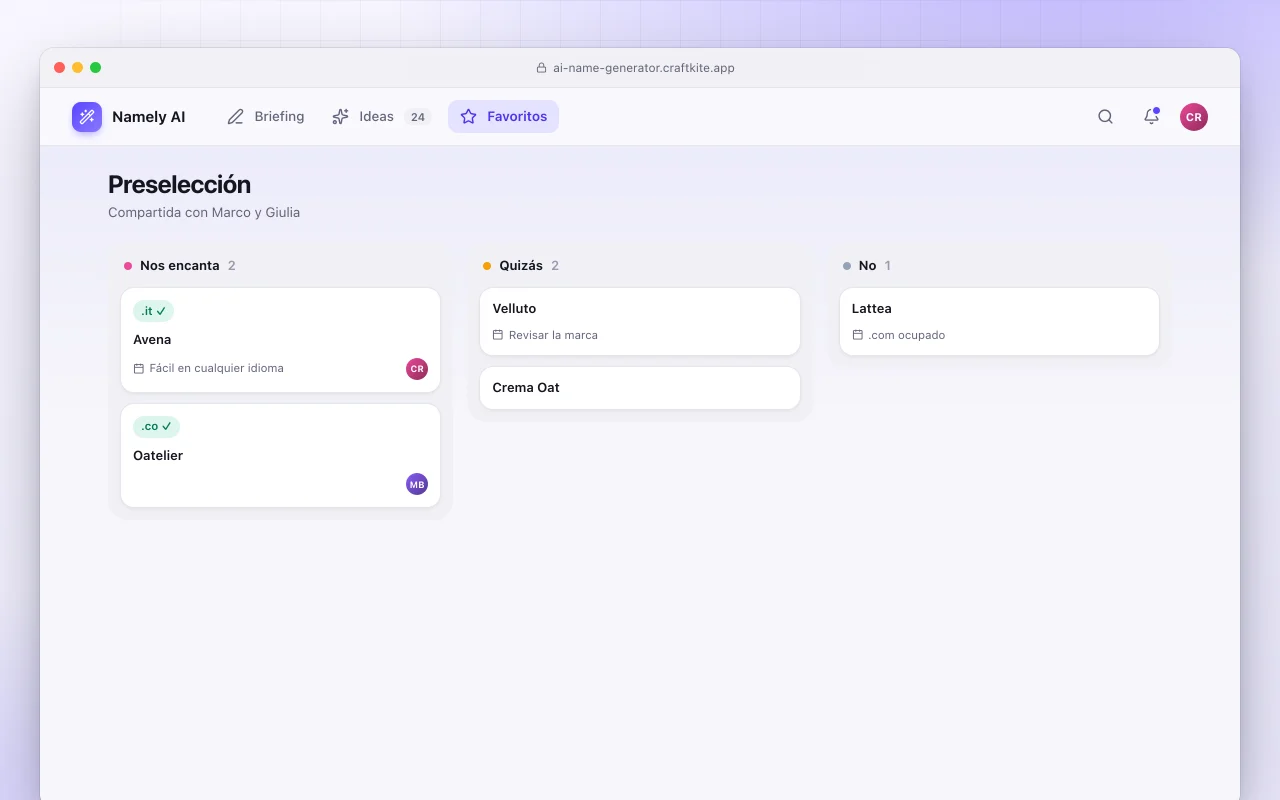 Generador de nombres con IA: la pantalla Preselección