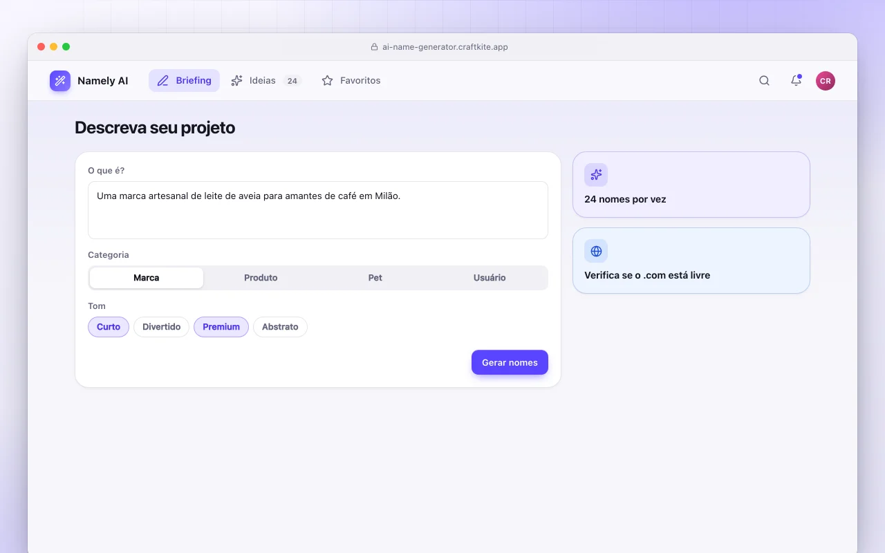 Gerador de nomes com IA: a tela Descreva seu projeto