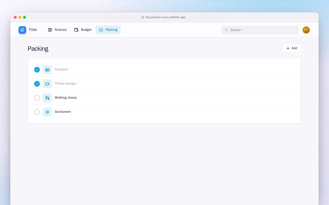 Trip Planner (Nuxt): the Packing screen