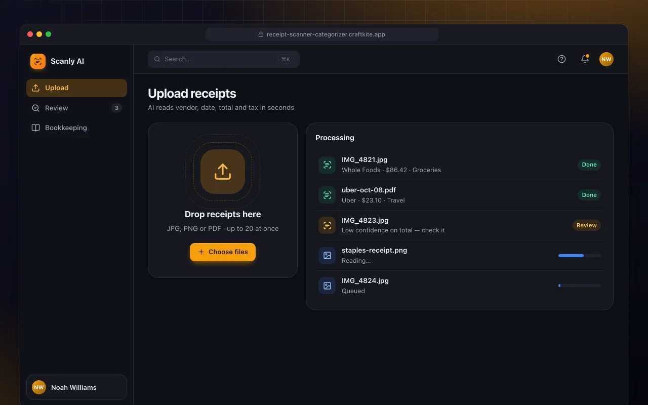 AI receipt categoriser: the Upload receipts screen