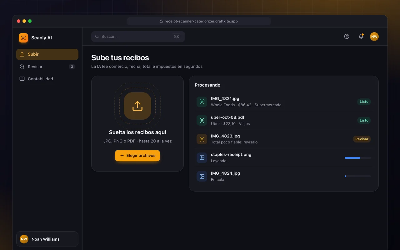 Categorizador de recibos con IA: la pantalla Sube tus recibos