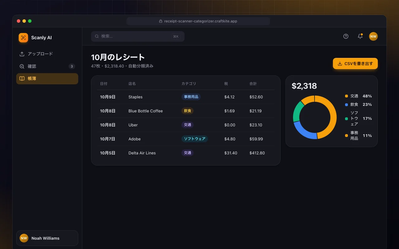 AI領収書カテゴリー分け：10月のレシート画面