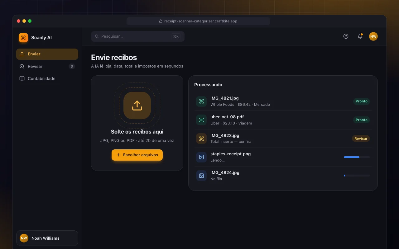 Categorizador de recibos com IA: a tela Envie recibos