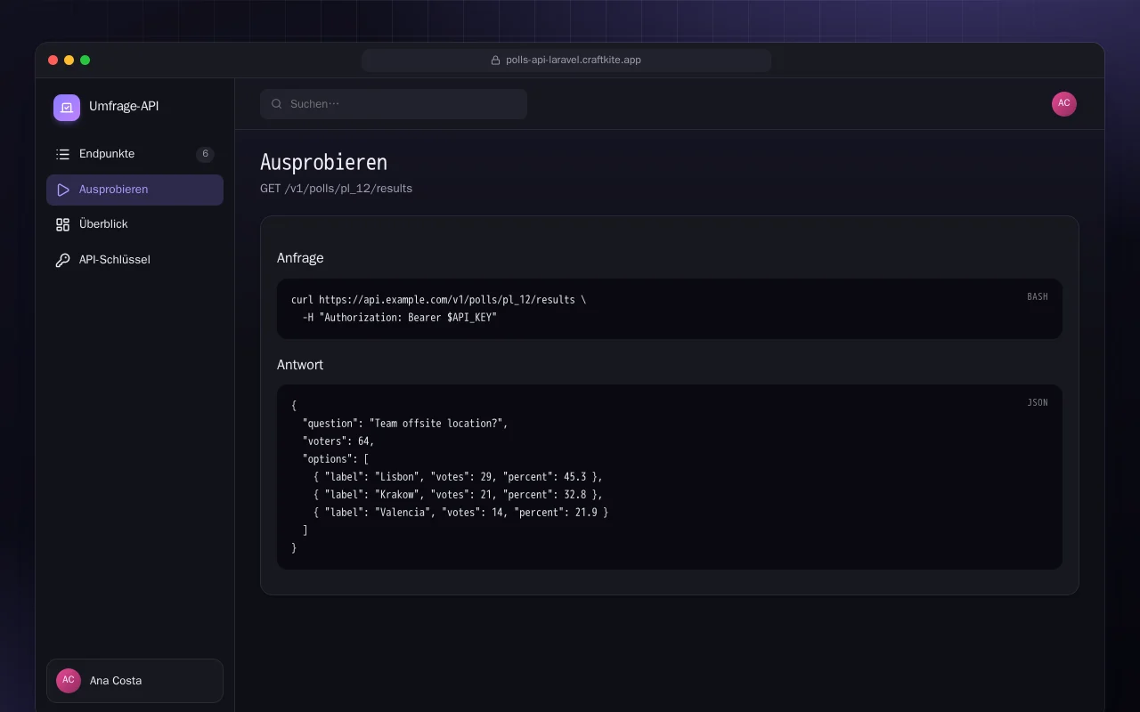 Umfrage-API (Laravel): der Bildschirm „Ausprobieren“