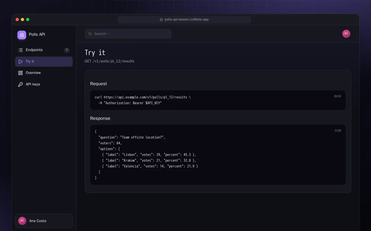 Polls API (Laravel): the Try it screen