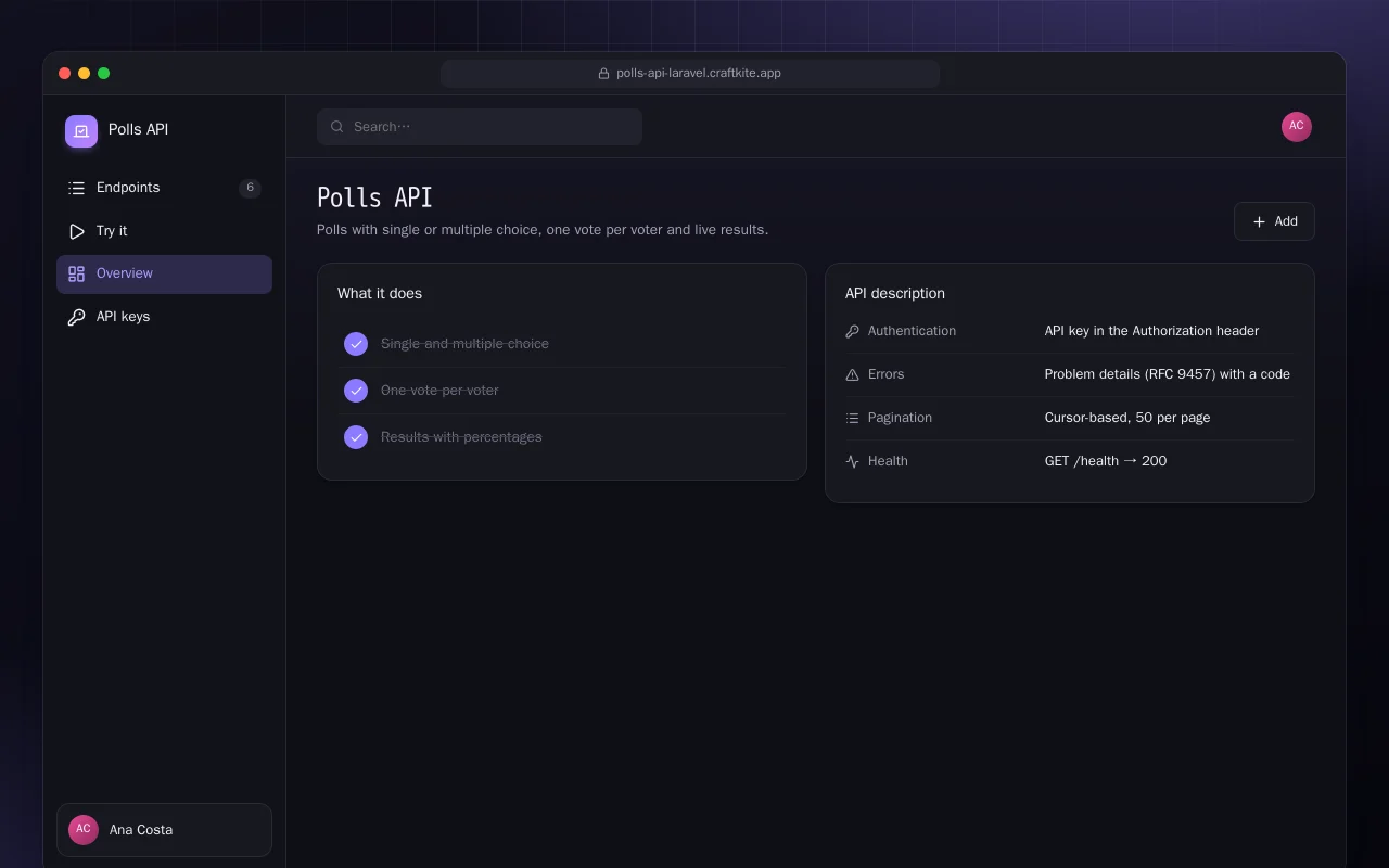 Polls API (Laravel): the Polls API screen
