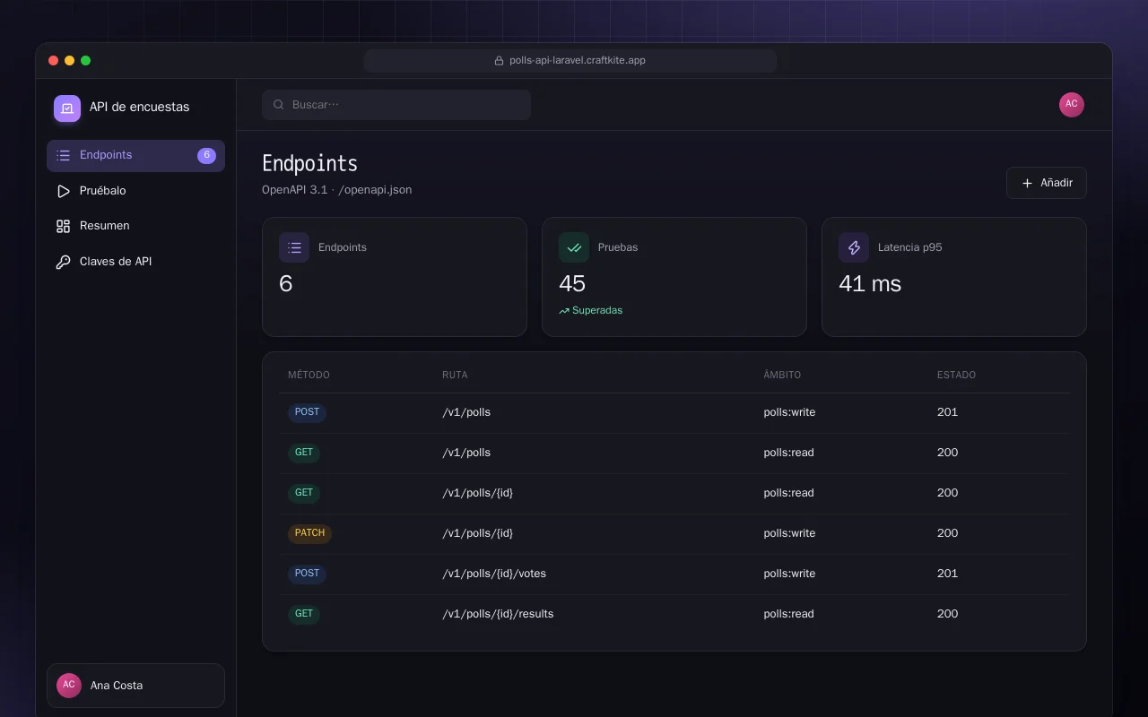 API de encuestas (Laravel): la pantalla Endpoints
