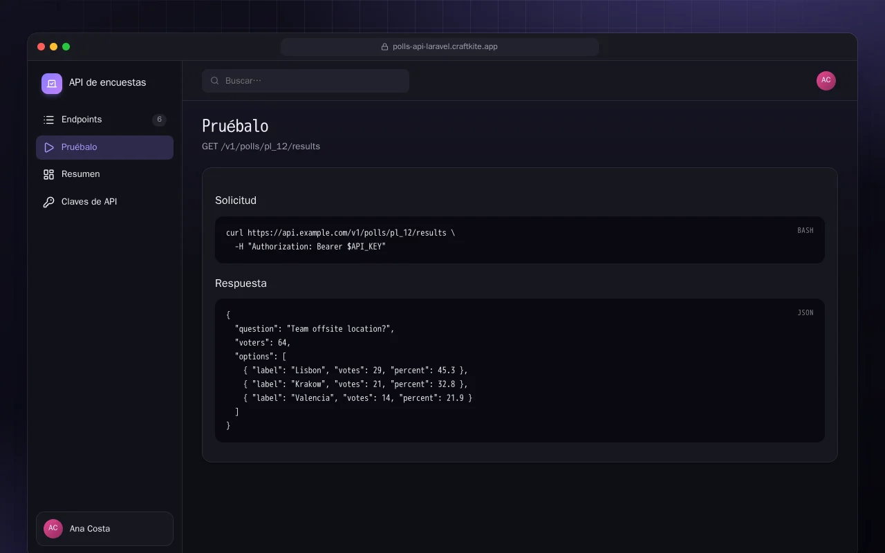 API de encuestas (Laravel): la pantalla Pruébalo