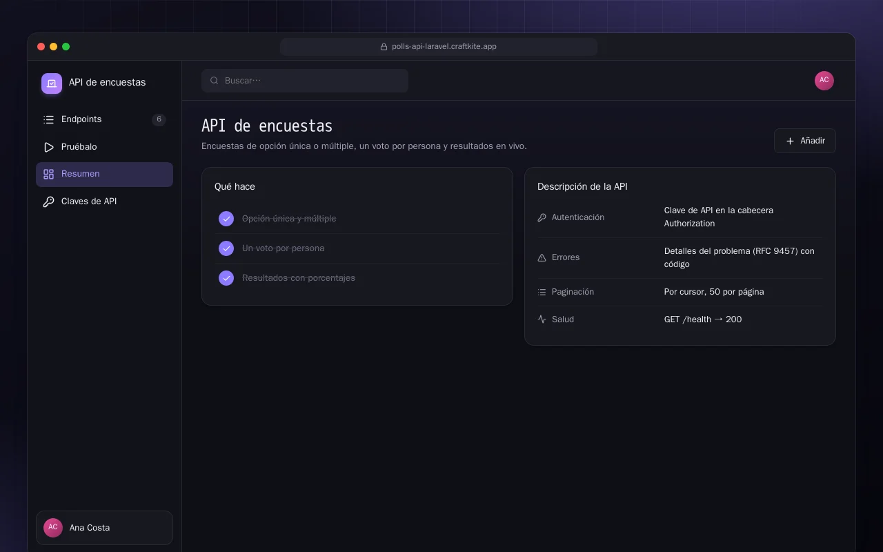 API de encuestas (Laravel): la pantalla API de encuestas